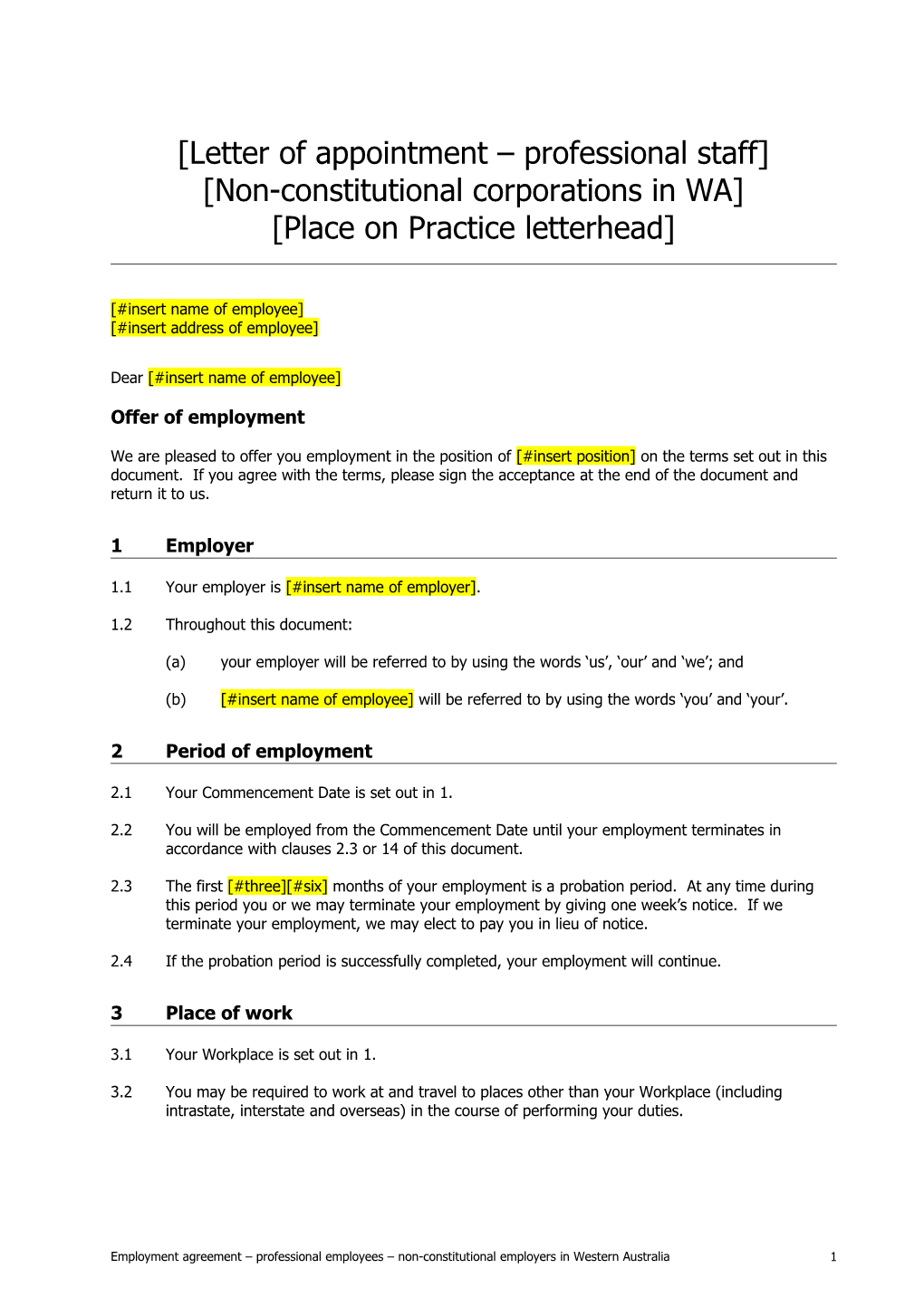 Letter of Appointment Professional Staff - WA