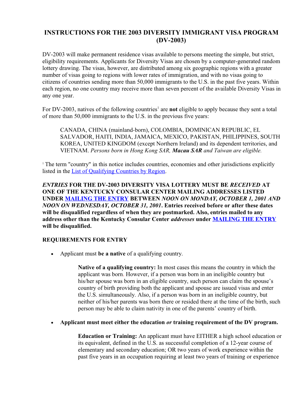 Instructions for the 2003 Diversity Immigrant Visa Program