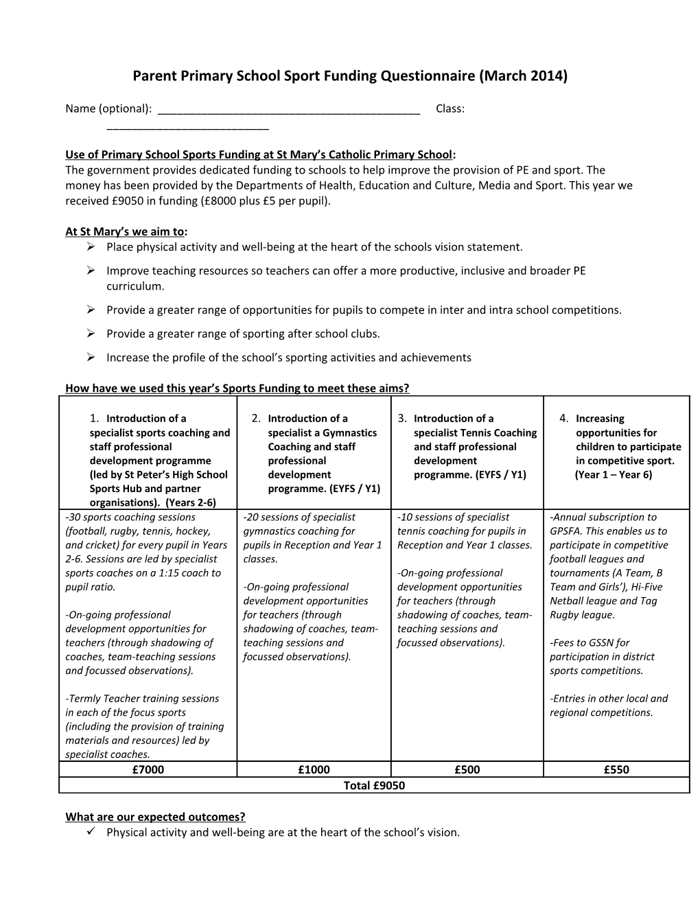 PE Sport Funding Parent Questionnaire January 2014