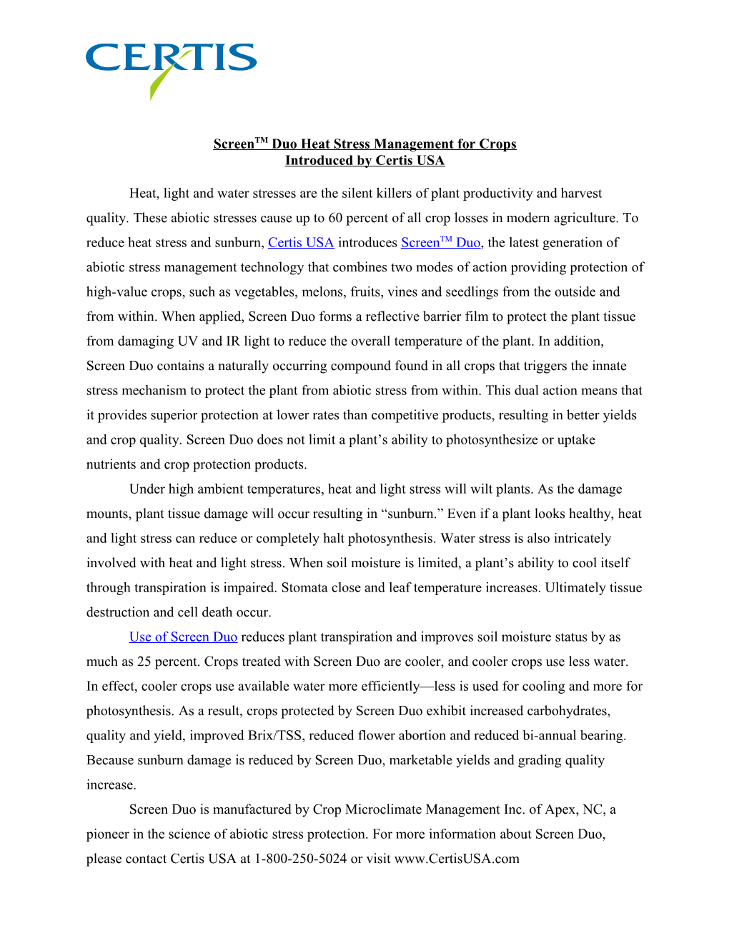Screentm Duo Heat Stress Management for Crops