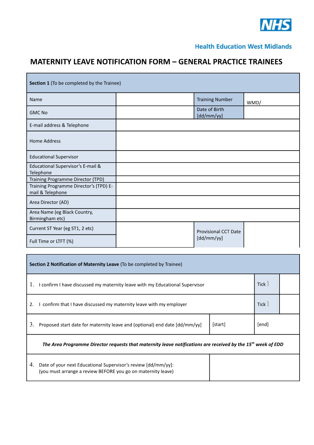 Maternity Leave Notification Form General Practice Trainees