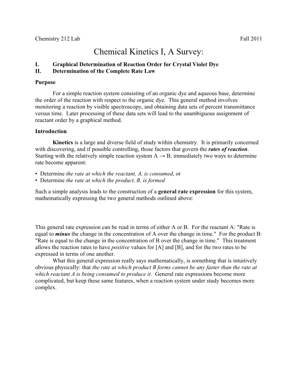 I.Graphical Determination of Reaction Order for Crystal Violet Dye