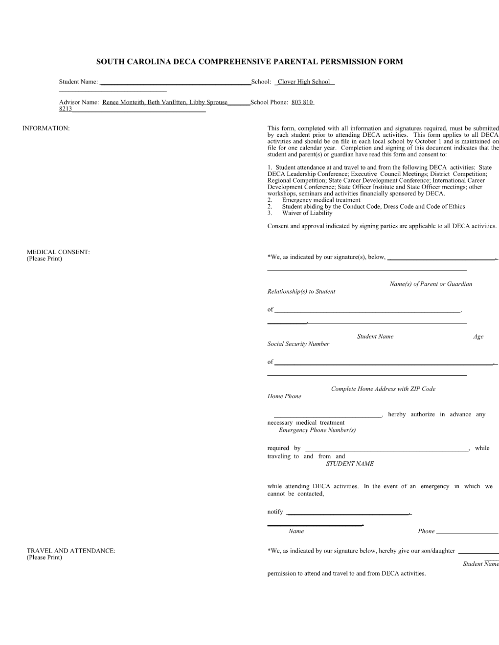 South Carolina Deca Comprehensive Parental Persmission Form