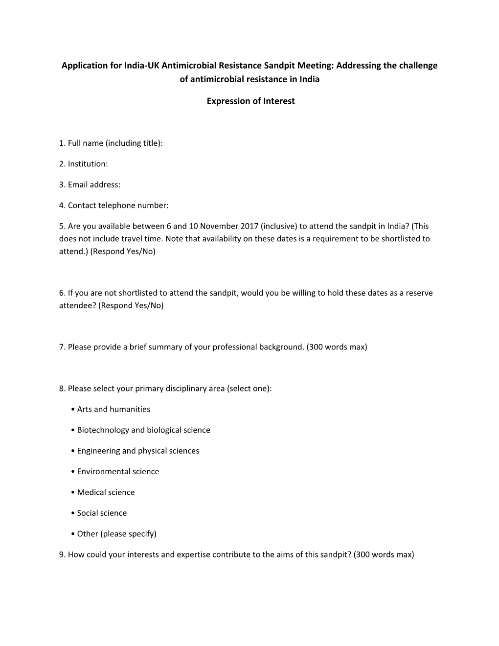 Application for India-UK Antimicrobial Resistance Sandpit Meeting: Addressing the Challenge