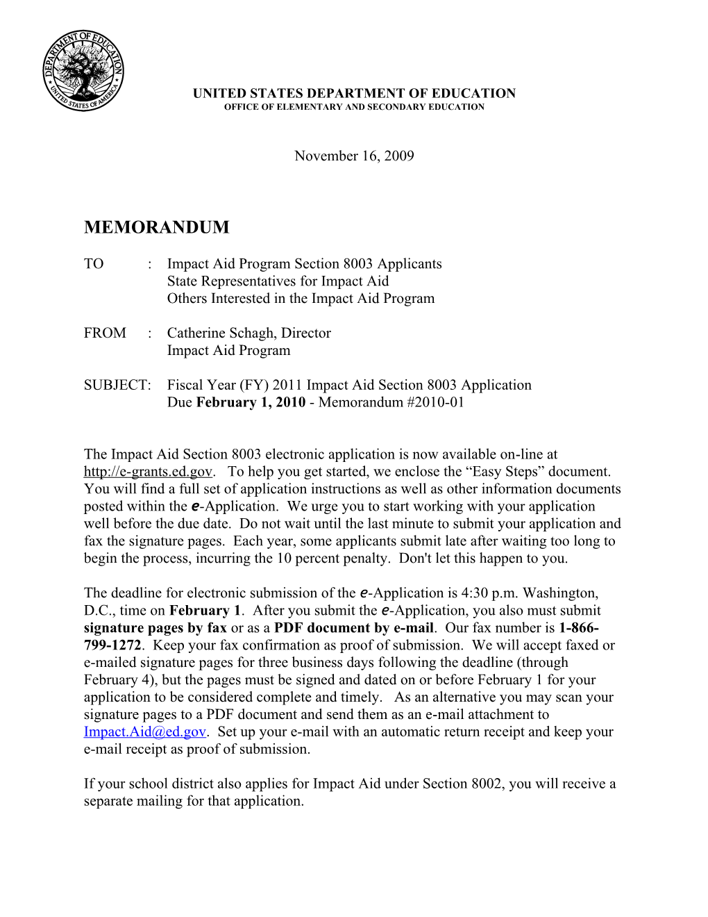 Impact Aid Section 8003 Application Memo Dated November 16, 2009 (MS Word)