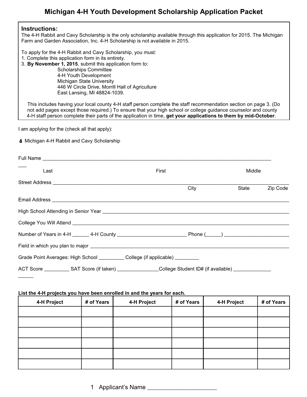 Michigan 4-H Youth Development Scholarship Application Packet
