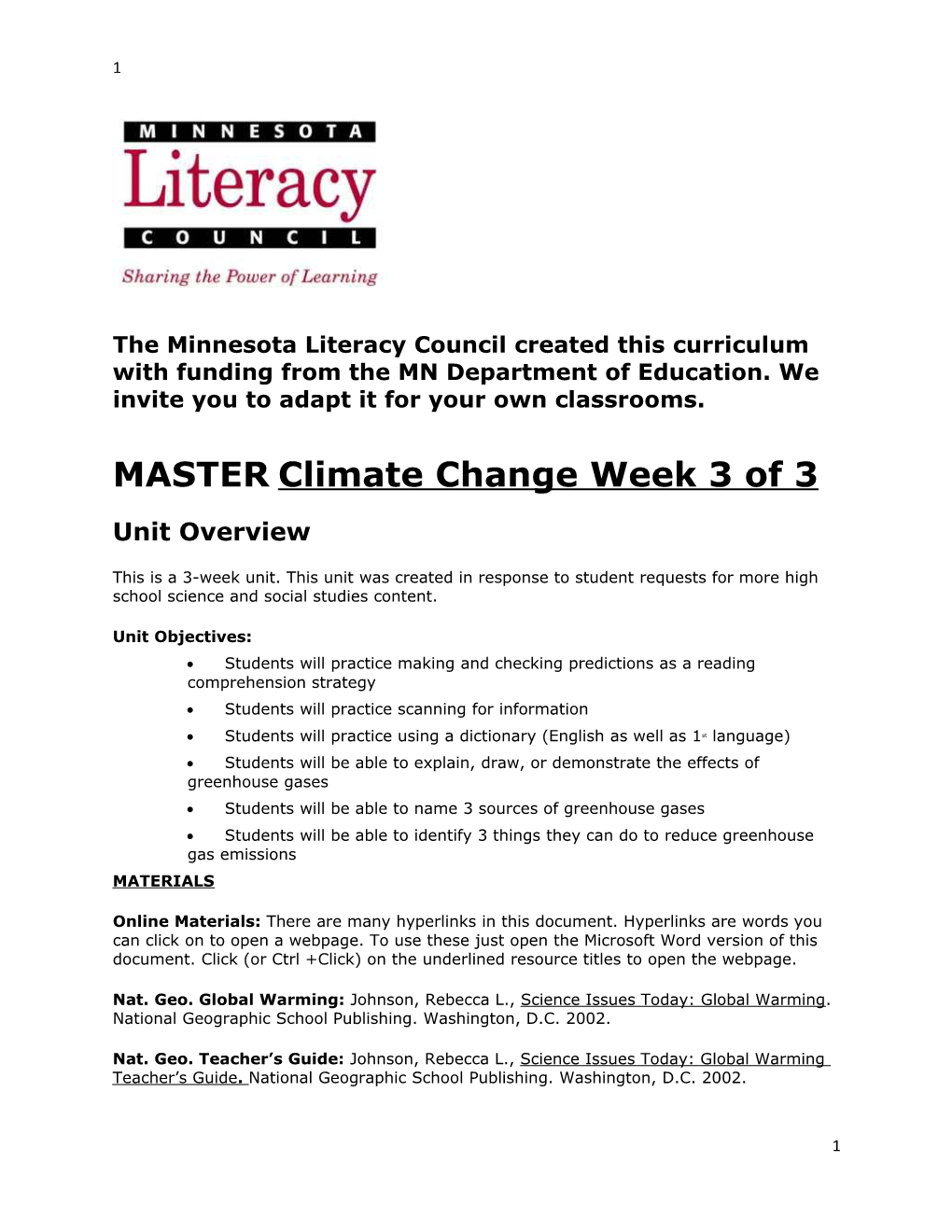 The Minnesota Literacy Council Created This Curriculum with Funding from the MN Department