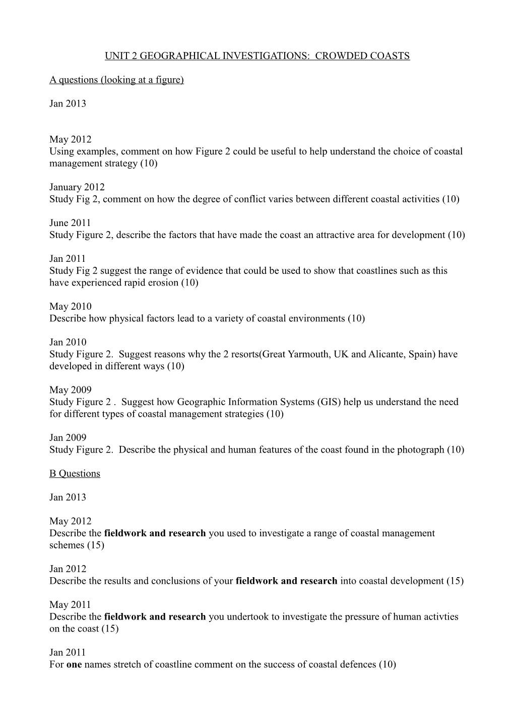 Unit 2 Geographical Investigations: Crowded Coasts