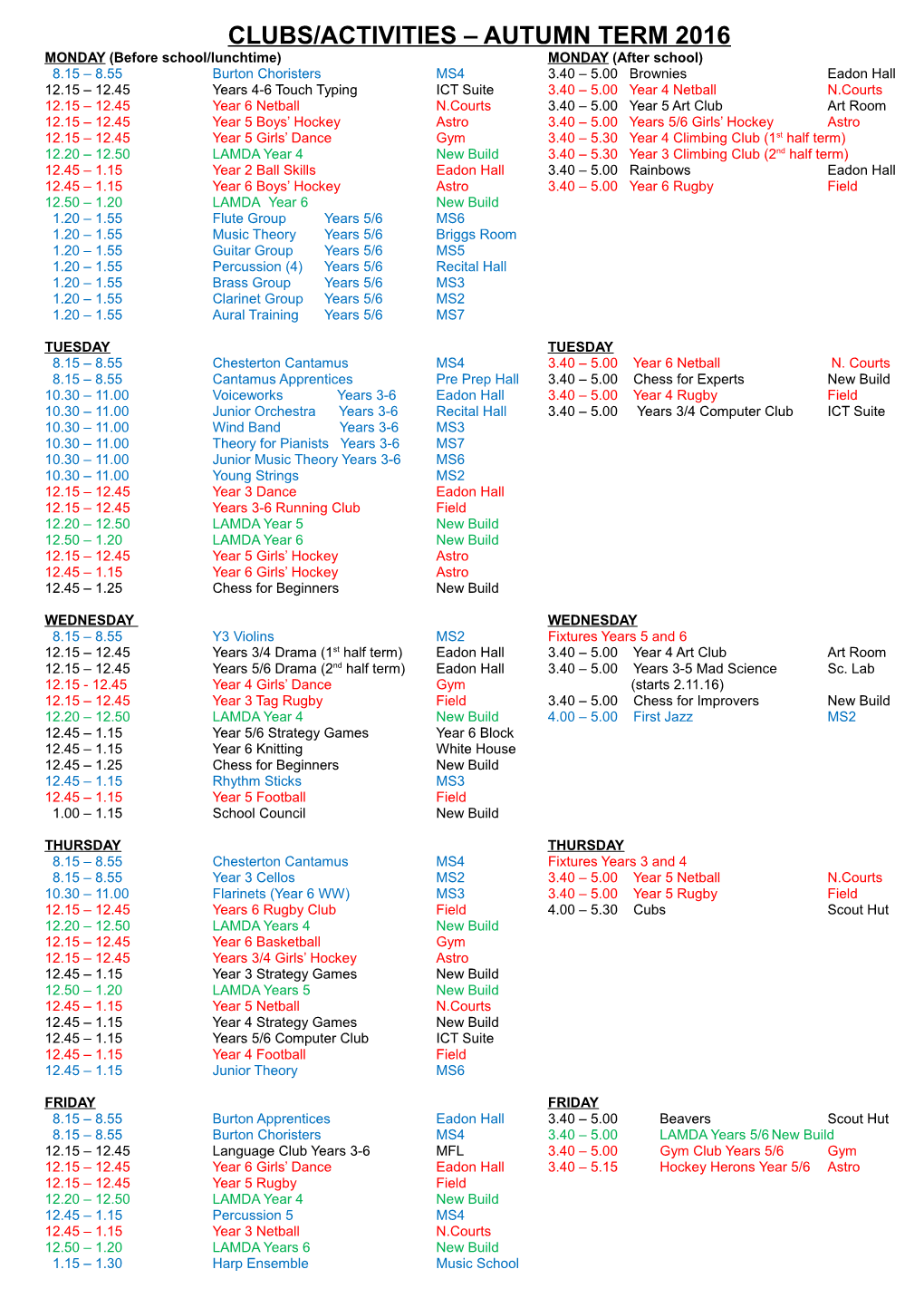 Clubs/Activities Autumn Term 2016