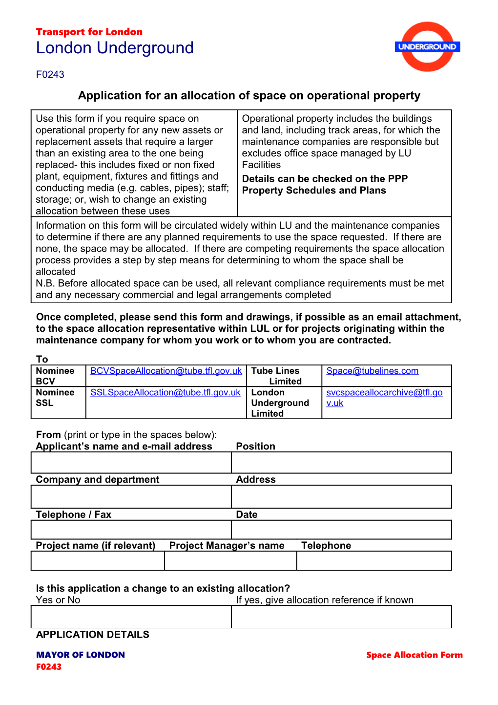 Application for an Allocation of Space on Operational Property