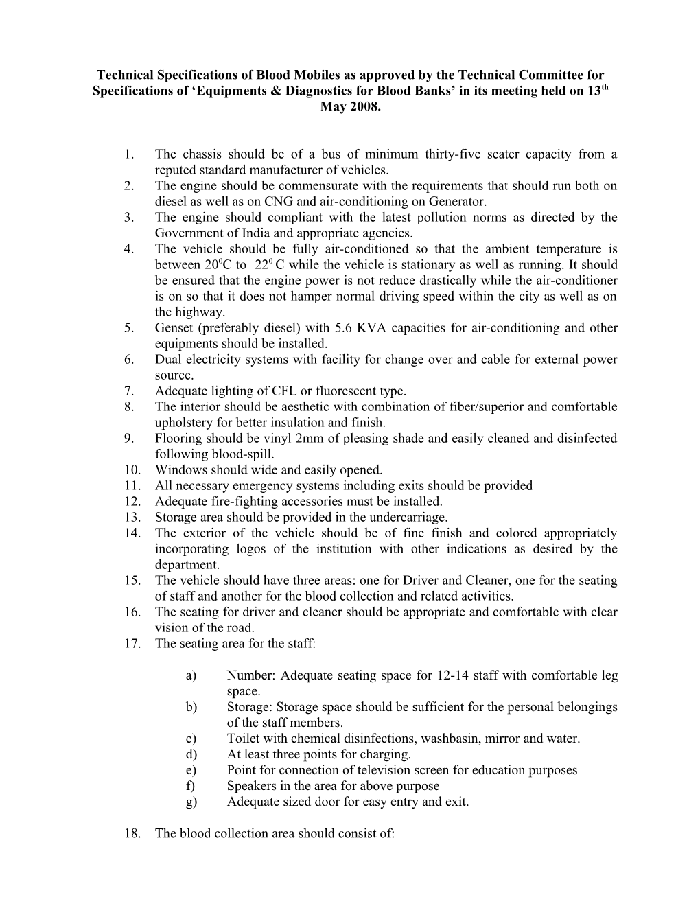 Technical Specifications of Blood Mobiles As Approved by the Technical Committee For