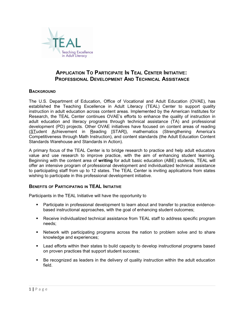 Application to Participate in Teal Center Initiative