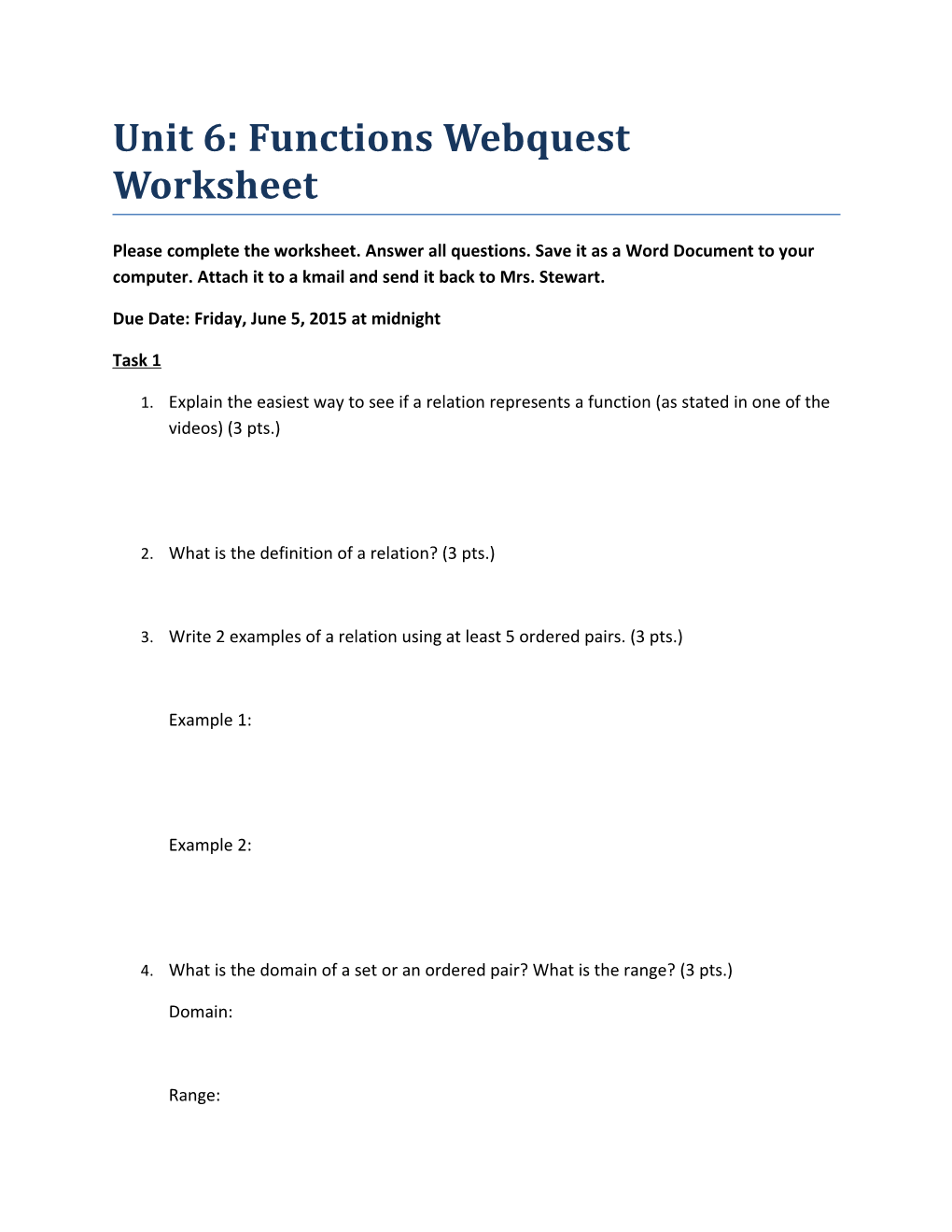 Unit 6: Functions Webquest Worksheet