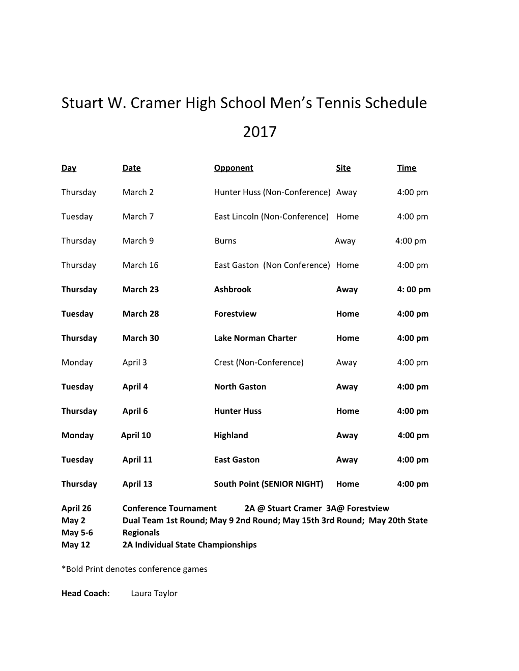 Stuart W. Cramer High School Men S Tennis Schedule