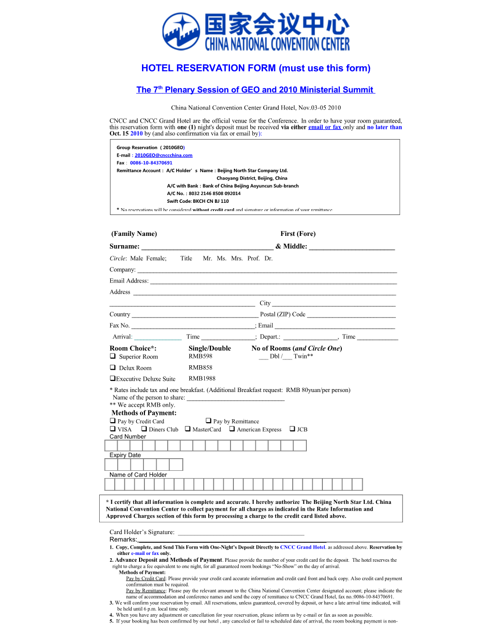 HOTEL RESERVATION FORM (Must Use This Form)