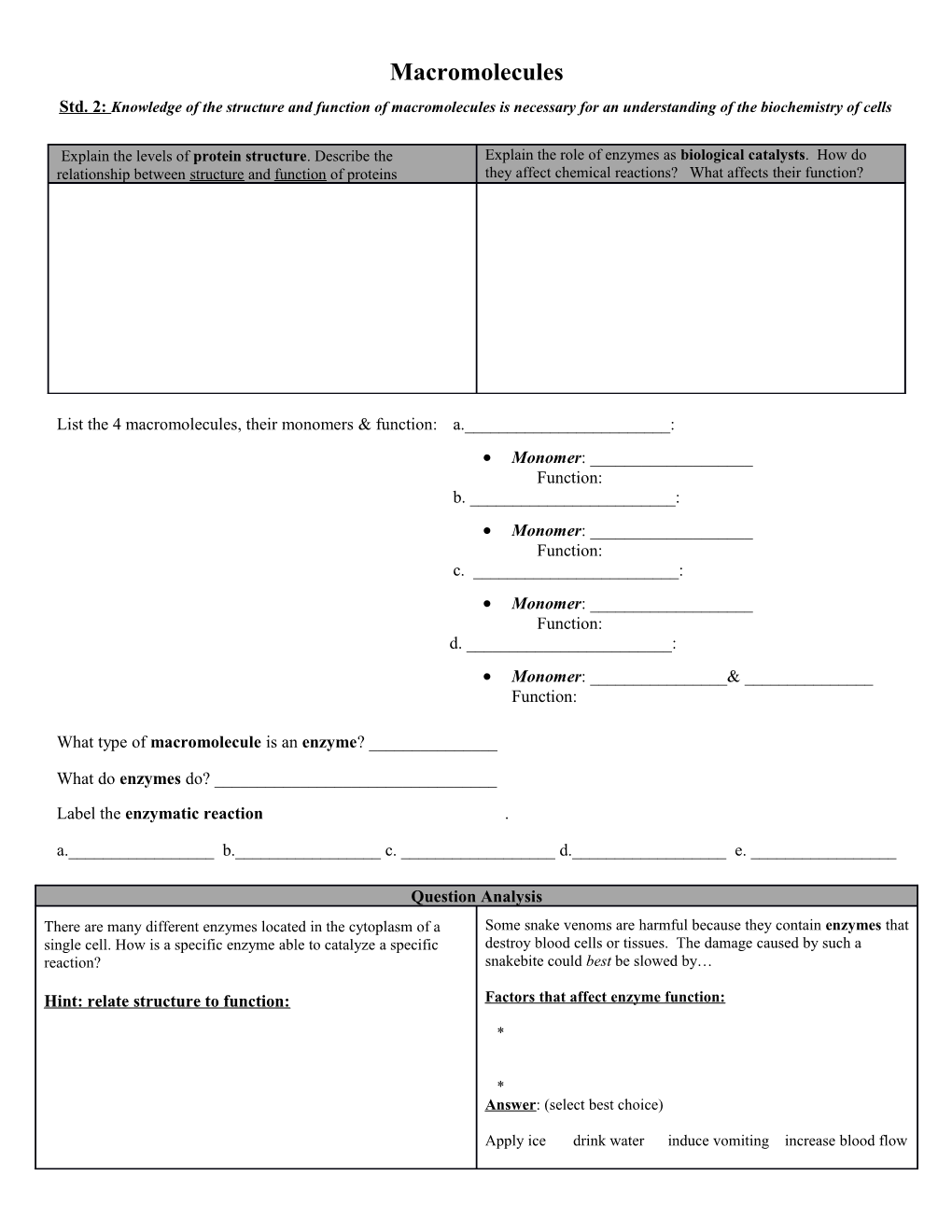 Std. 2: Knowledge of the Structure and Function of Macromolecules Is Necessary for An