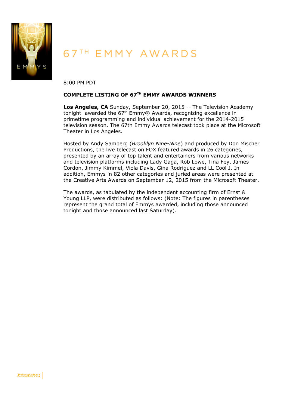 Complete Listing of 67Th Emmy Awards Winners