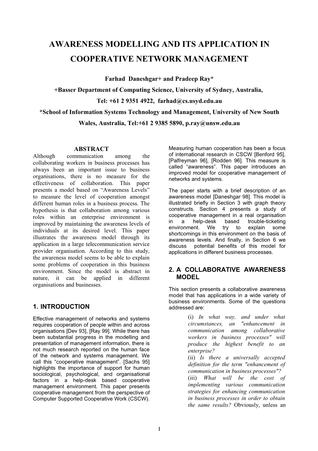 Cooperative Management Based on Awareness Modelling