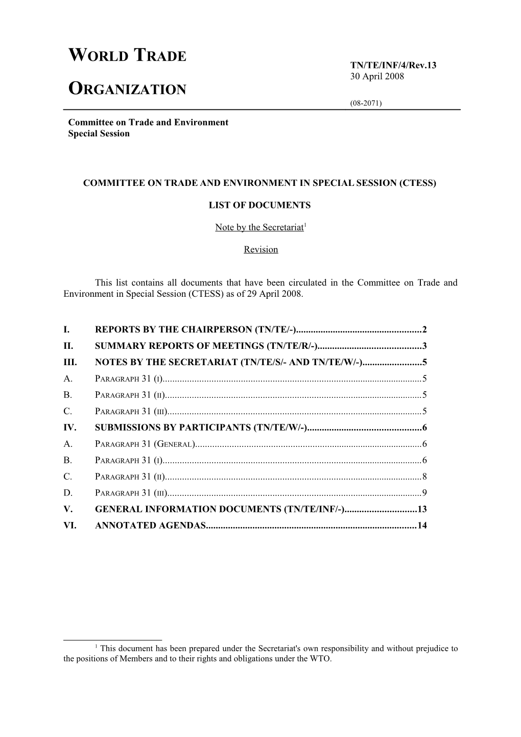 Committee on Trade and Environment in Special Session (CTESS)