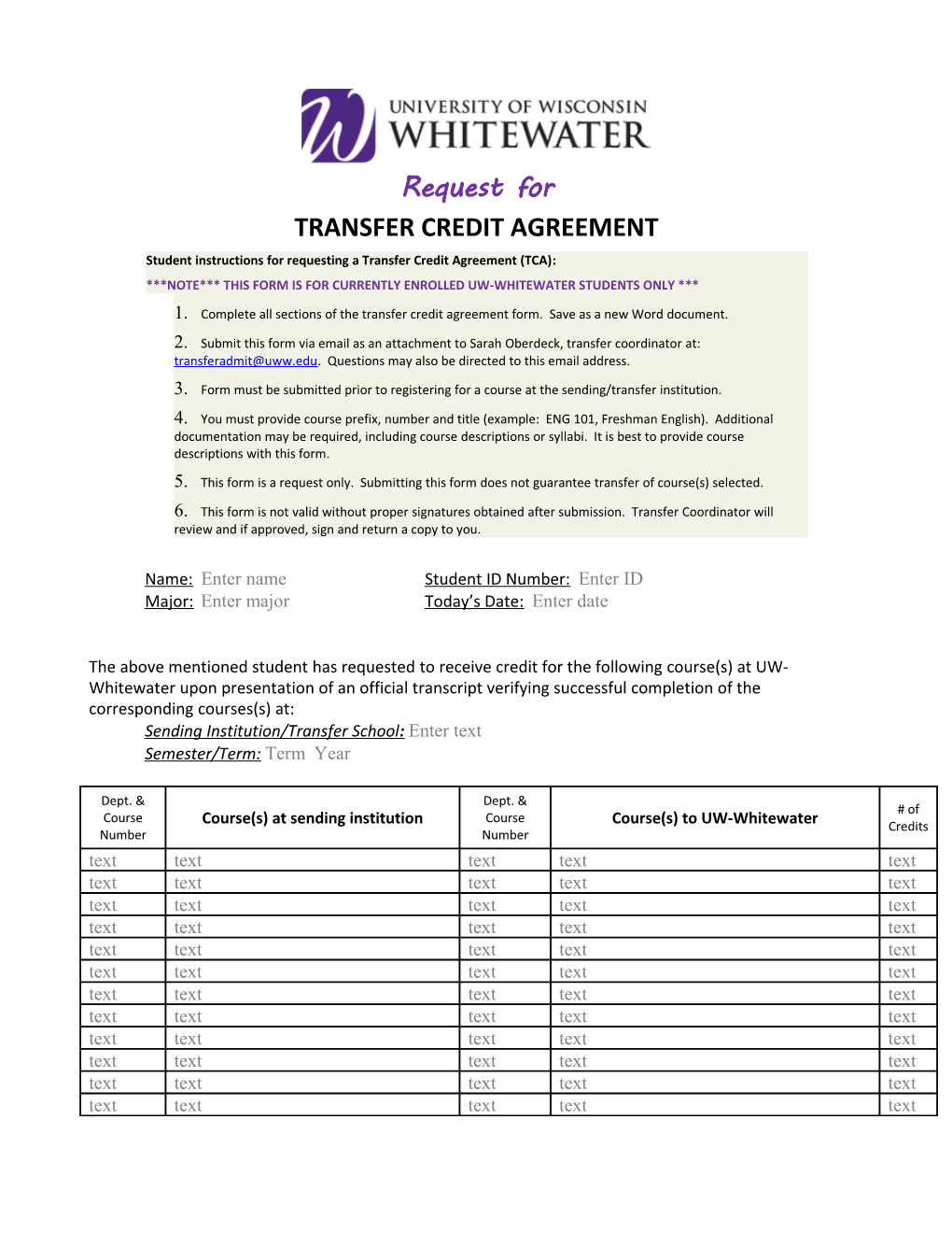 Student Instructions for Requesting a Transfer Credit Agreement (TCA)