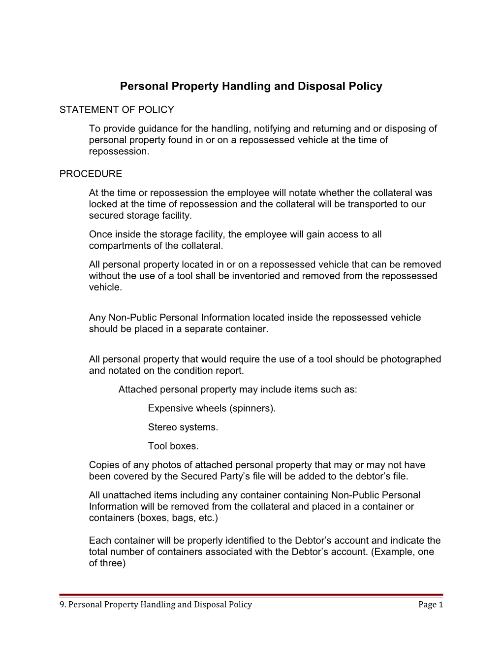 Personal Property Handling and Disposal Policy