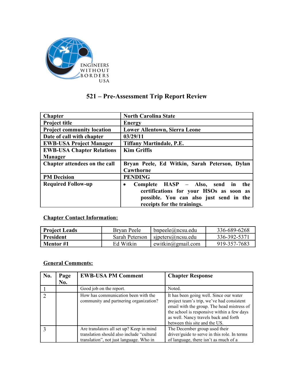 521 Pre-Assessment Trip Report Review