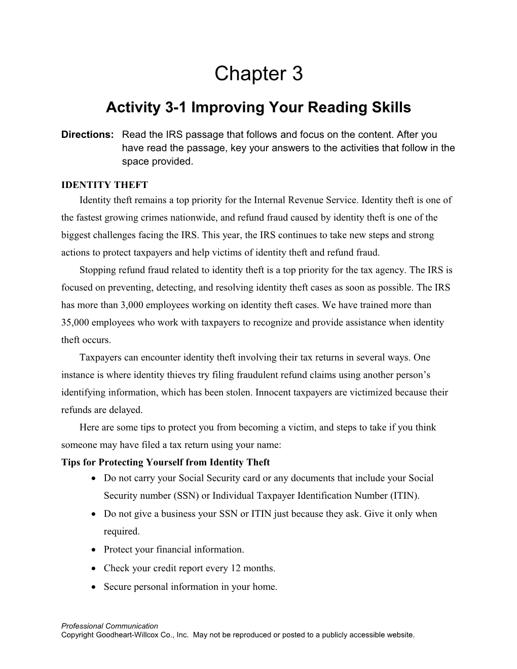 Activity 3-1 Improving Your Reading Skills