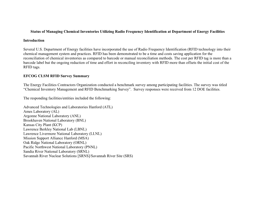 Status of Managing Chemical Inventories Utilizing Radio Frequency Identification at Department