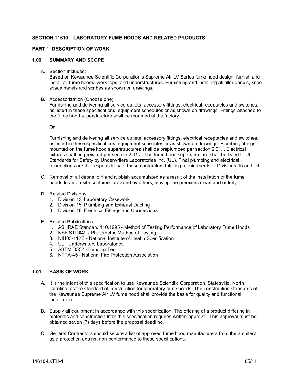 Section 11610 - Laboratory Fume Hood and Related Products