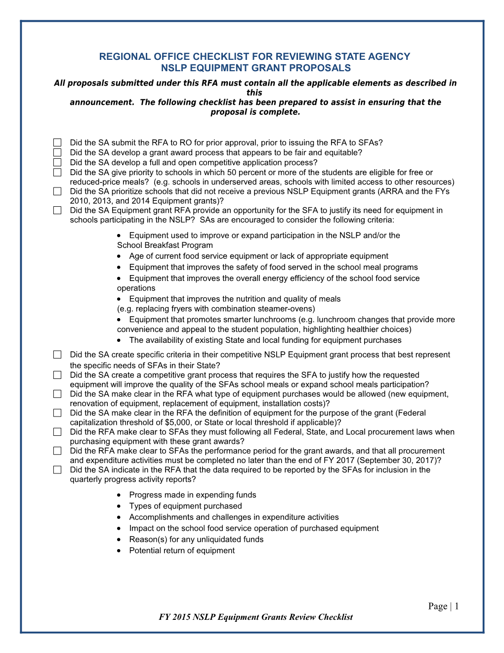 Regional Office Checklist for Reviewing State Agency