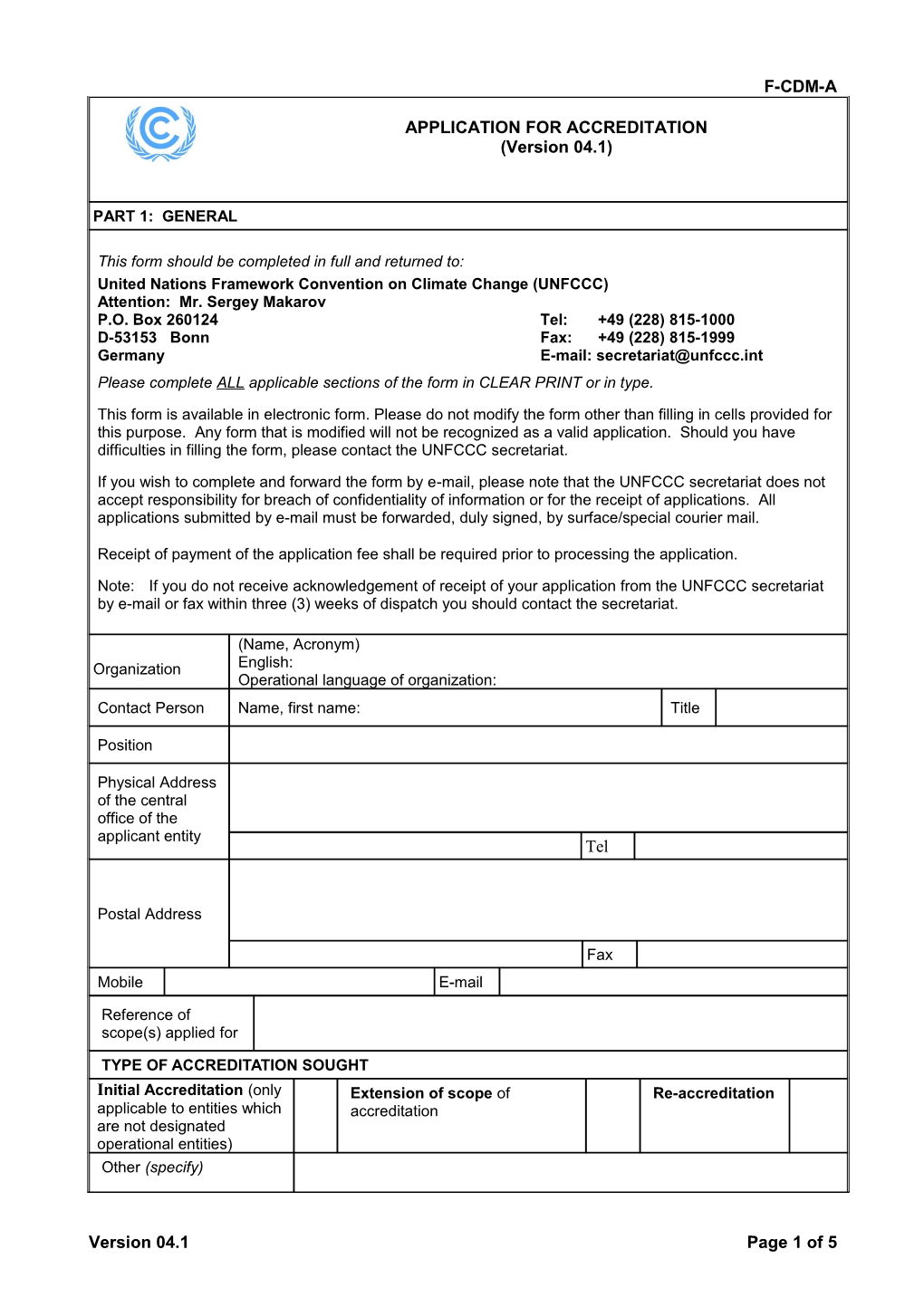 Application for Accreditation Form (F-CDM-A). (Version 04.1)