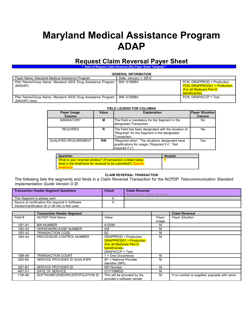 Ncpdp Payer Sheet Template Reversals