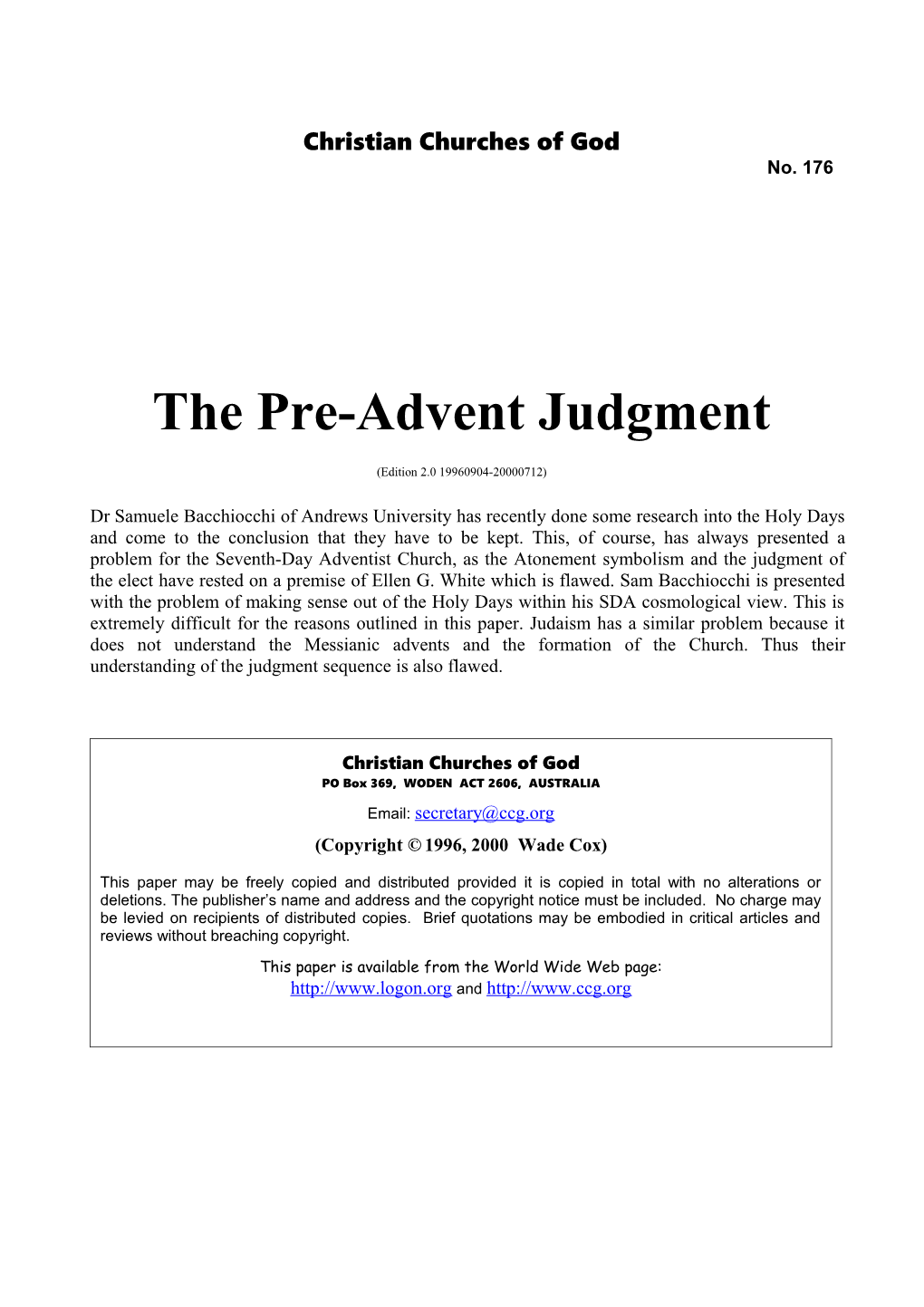 The Pre-Advent Judgment (No. 176)