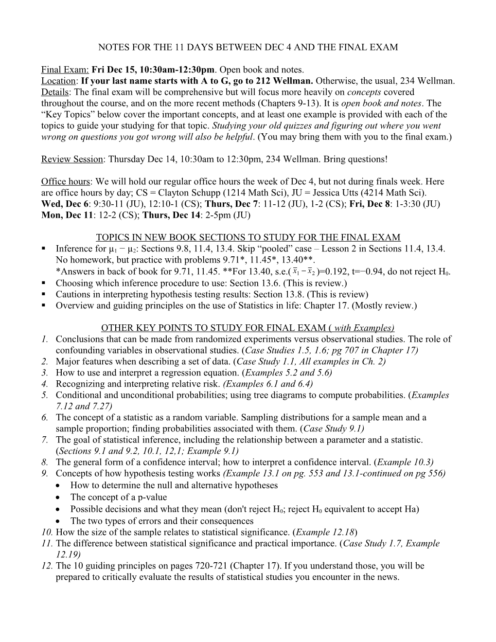 Statistics 13V: Key Points for Final Exam