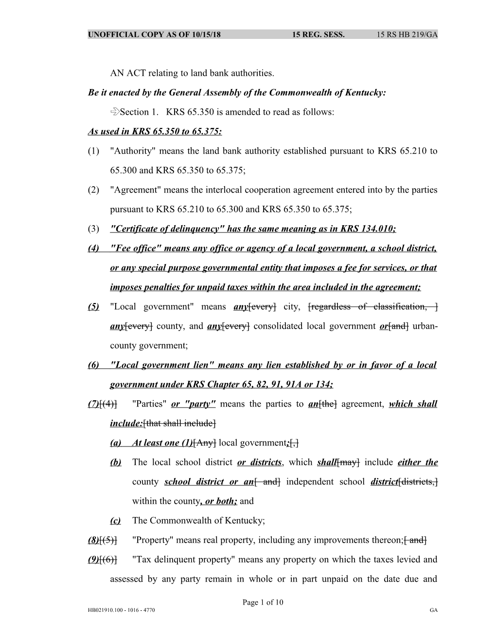 AN ACT Relating to Land Bank Authorities