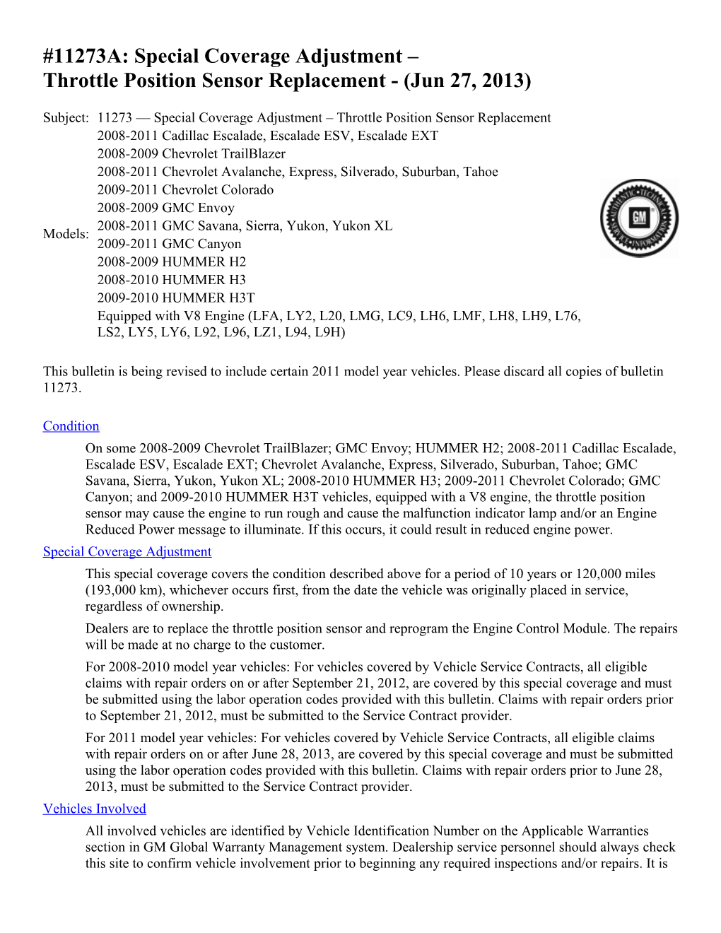 11273A: Special Coverage Adjustment