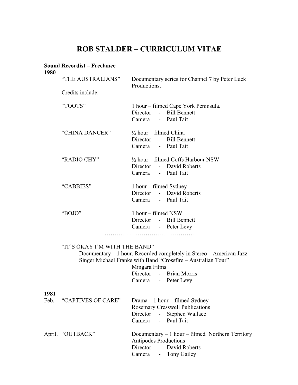 Rob Stalder Curriculum Vitae