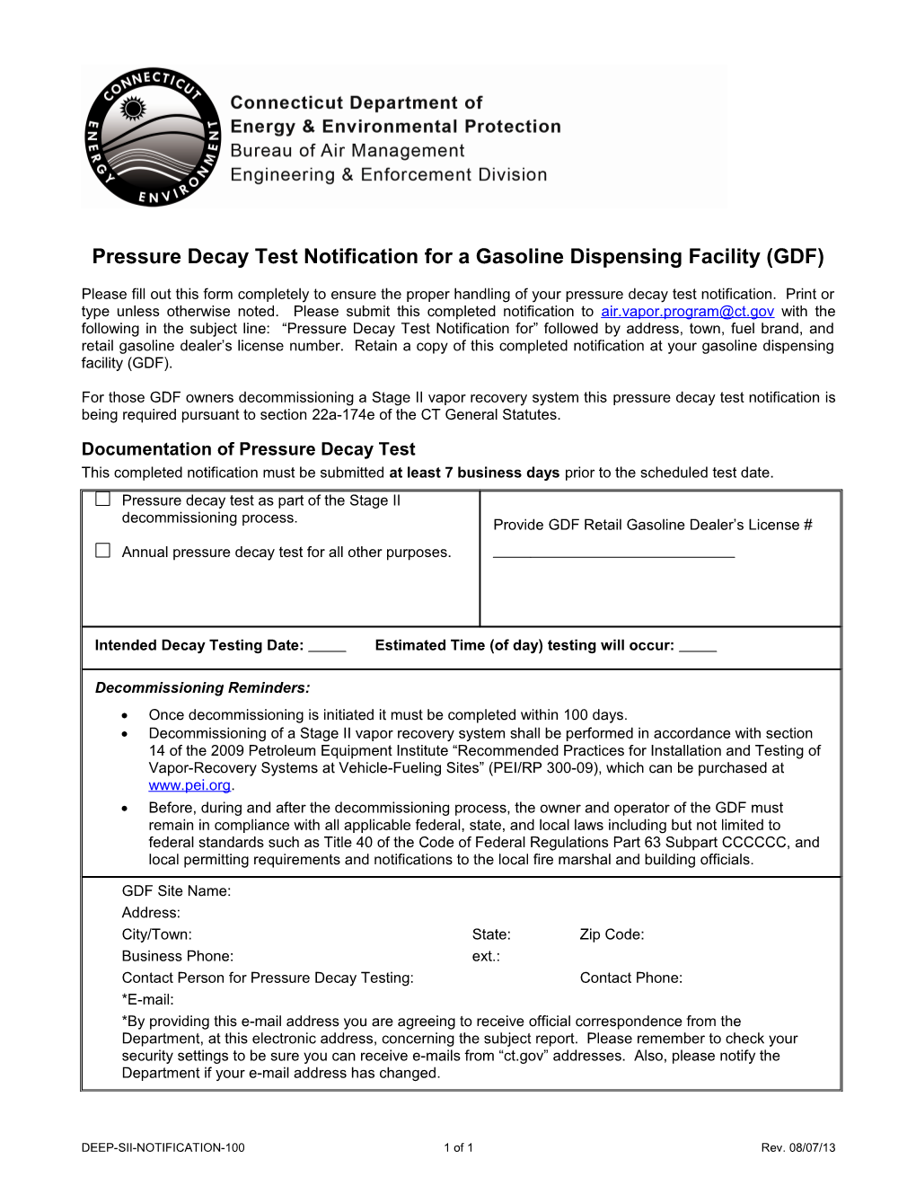 Pressure Decay Test Notification for a Gasoline Dispensing Facility (GDF)