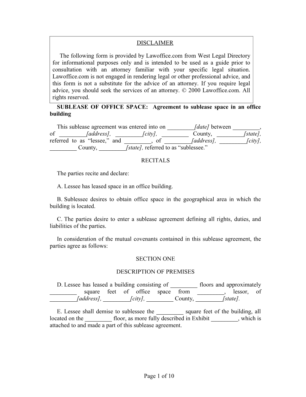 SUBLEASE of OFFICE SPACE: Agreement to Sublease Space in an Office Building