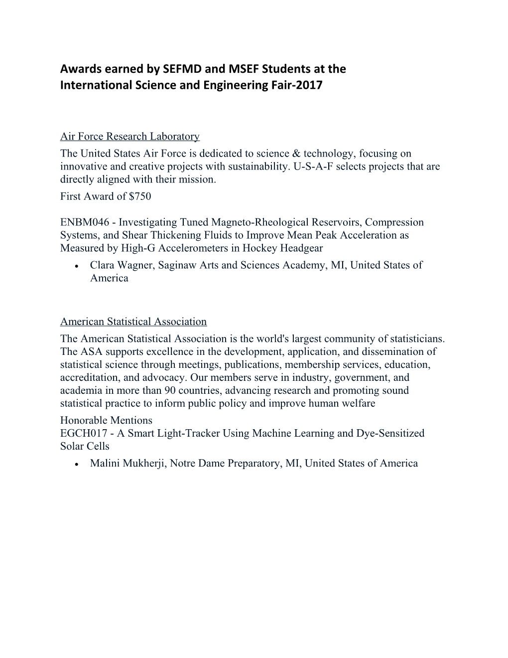 Awards Earned by SEFMD and MSEF Students at The