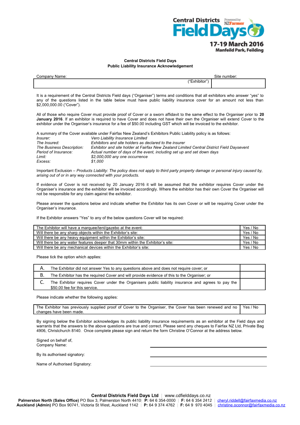 Central Districts Field Days Public Liability Insurance Acknowledgement