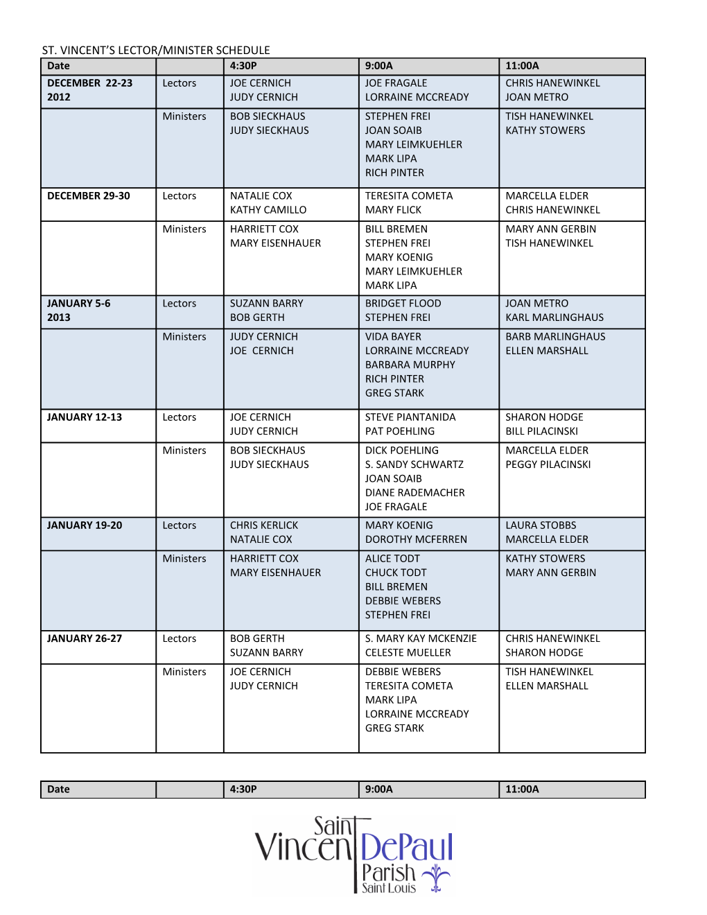 St. Vincent S Lector/Minister Schedule