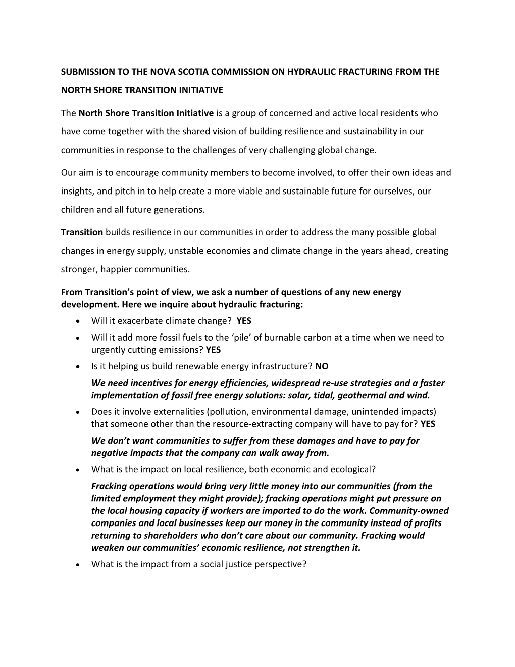 Submission to the Nova Scotia Commission on Hydraulic Fracturing from the North Shore