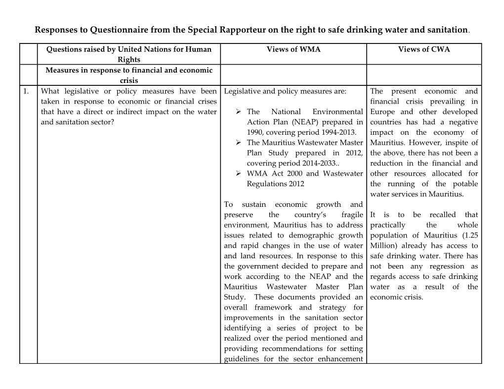 Responses to Questionnaire from the Special Rapporteur on the Right to Safe Drinking Water