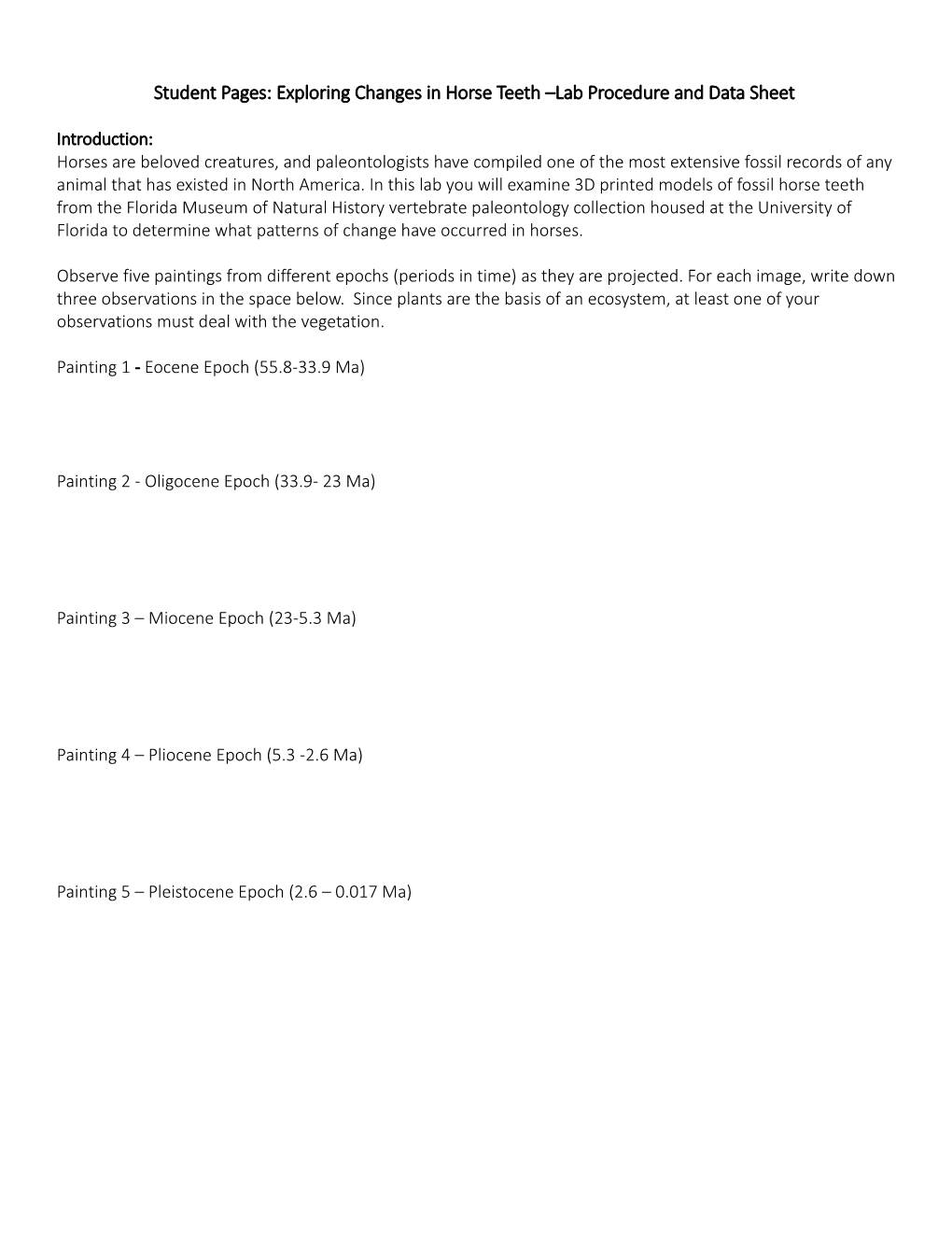 Student Pages: Exploring Changes in Horse Teeth Lab Procedure and Data Sheet