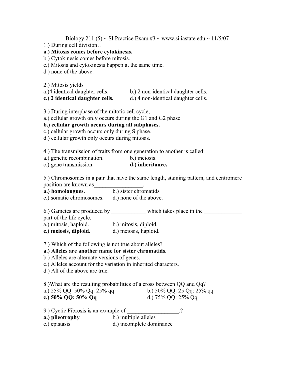 Biology 211 (5) SI Practice Exam #3 Www