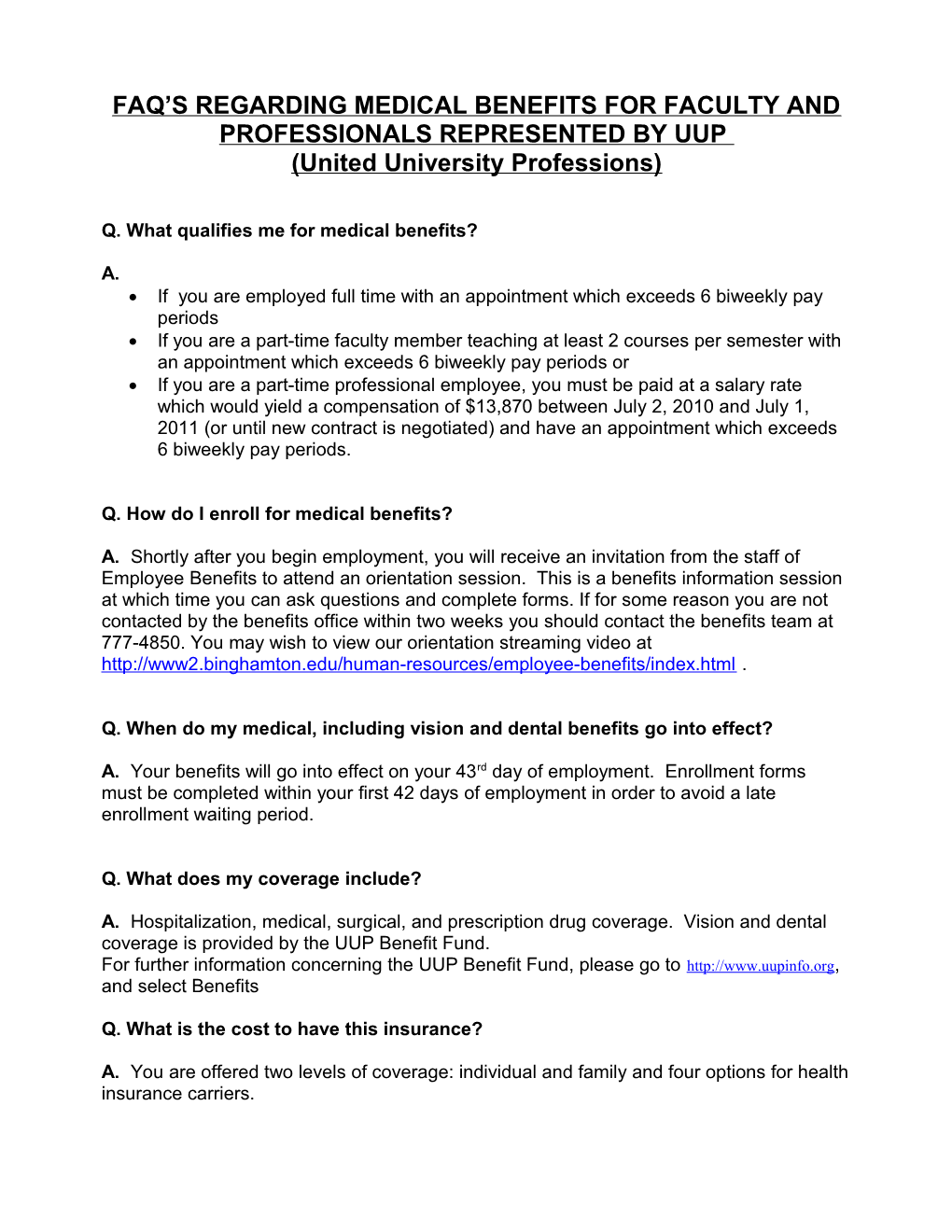 Faq S Regarding Medical Benefits for Faculty and Professionals Represented Byuup