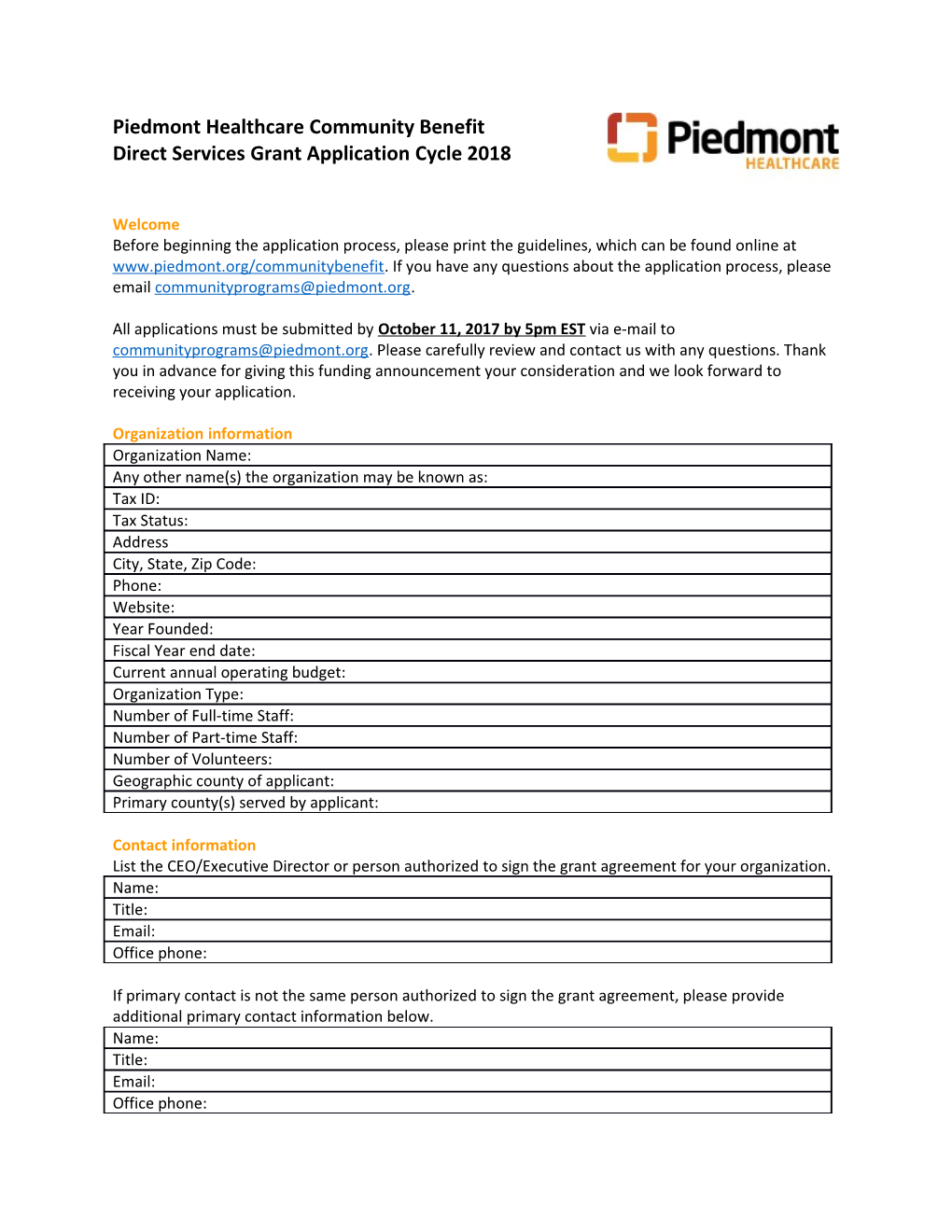 Direct Services Grant Application Cycle 2018