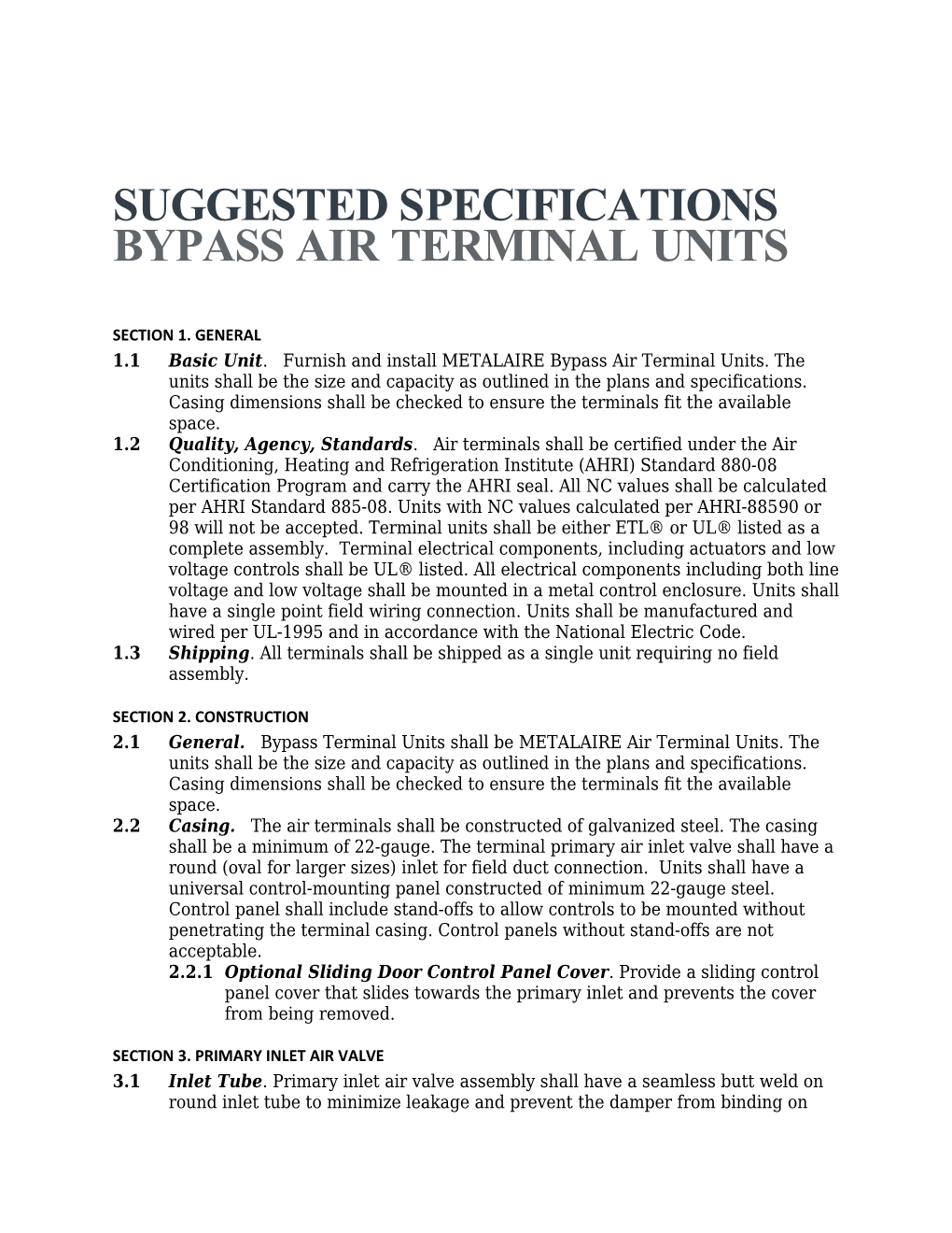 Suggested Specifications Bypass Air Terminalunits