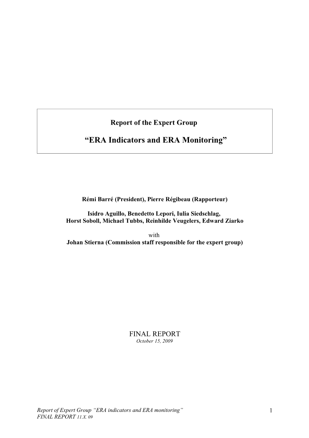 Summary Report of the Expert Group on ERA Indicators and ERA Monitoring